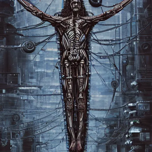 Image similar to a man crucified on a cybernetic sci - fi cross, full of computer elements and cables, symbolic, intricate, hyperdetailed, religious, painting, cyberpunk, in a style of h. r. giger