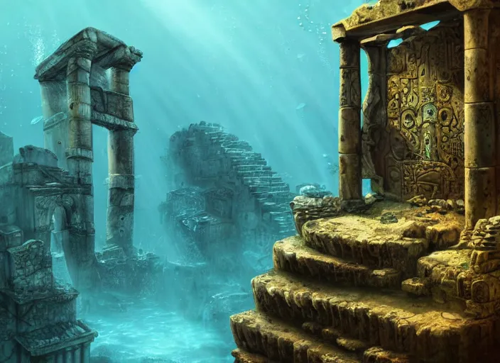 Image similar to ancient ruins favela, underwater environment, arches, urns, scenery, professional, award - winning, trending on artstation, hyper detailed, realistic, beautiful, emotional, shiny, golden, picture