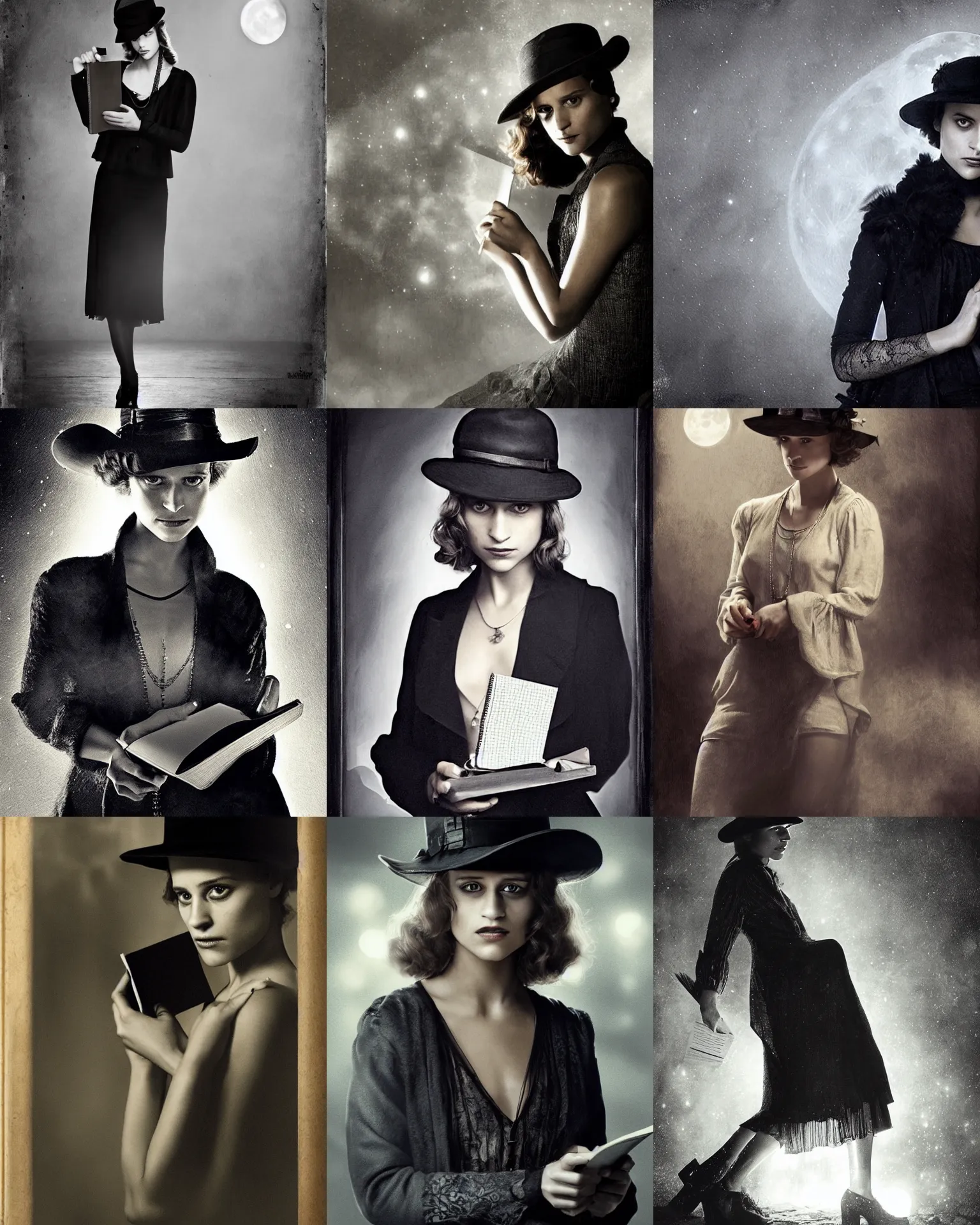 Prompt: Alicia Vikander as Female investigator, wearing hat, holding notebook, 1920s, dark, moonlight, gothic, portrait by Raymond Swanland