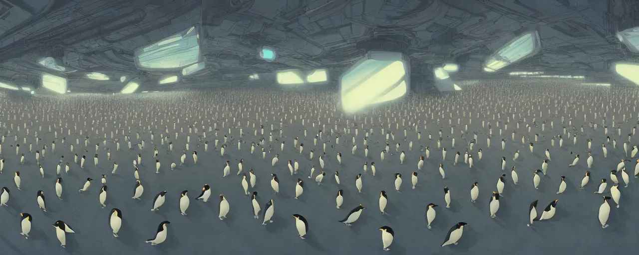 Prompt: duotone concept illustration wide angle of many emperor penguins in scifi computers room. cinematic scene. volumetric lighting. golden ratio accidental renaissance. by sachin teng and sergey kolesov and ruan jia and heng z. graffiti art, scifi, fantasy, hyper detailed. octane render. concept art. trending on artstation