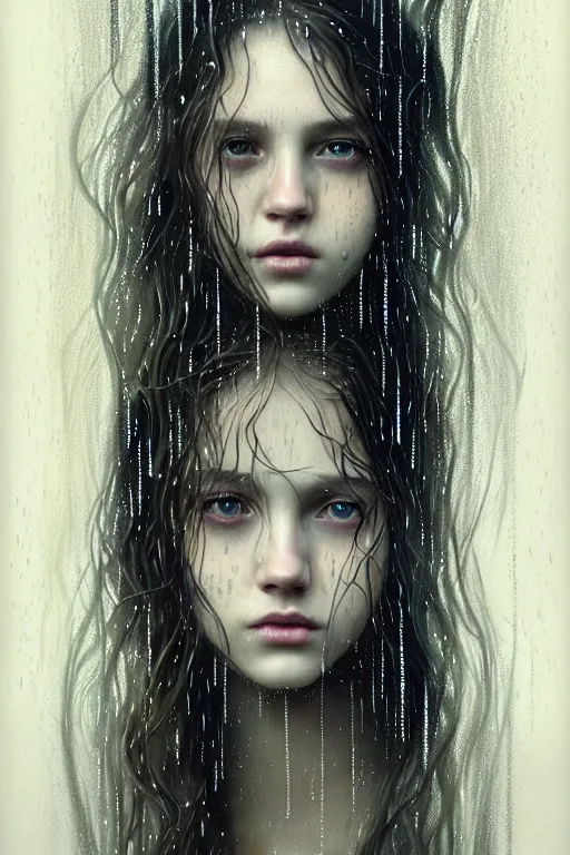 Image similar to portrait of a girl in the rain with wet hair and face, fantasy, intricate, elegant, dramatic lighting, emotionally evoking symbolic metaphor, highly detailed, lifelike, photorealistic, digital painting, artstation, concept art, smooth, sharp focus, illustration, art by John Collier and Albert Aublet and Krenz Cushart and Artem Demura and Alphonse Mucha