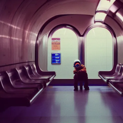 Image similar to a beautiful photo of an astronaut waiting in a subway station, 1970', soft light, morning light, photorealistic, realistic, octane, 8k, cinematic shot