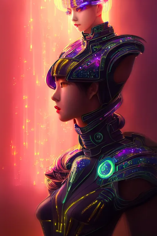 Image similar to portrait futuristic wuxia armor heroine Girl with thunder and fire sparkles and starlight, n future cyberpunk tokyo flowers sea rainning rooftop , ssci-fi, fantasy, intricate, very very beautiful, elegant, human structure, neon light, highly detailed, digital painting, artstation, concept art, smooth, sharp focus, illustration, art by tian zi and WLOP and alphonse mucha