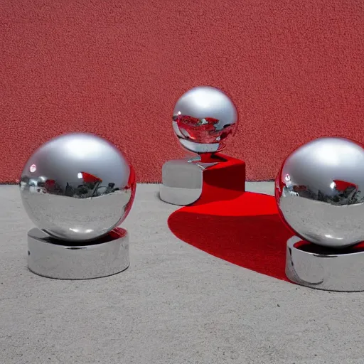 Prompt: chrome spheres on a red cube by sadahito mori