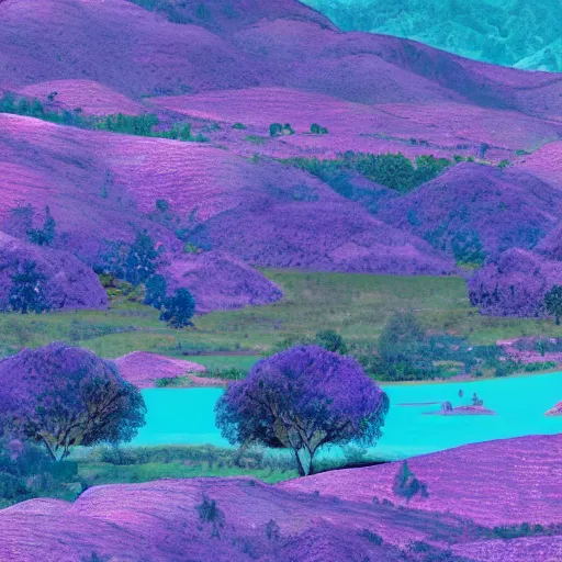 Prompt: a planet with purple rivers and blue trees, there are hills in the background of the image, realistic