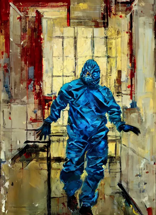 Image similar to an exhausted doctor in a hazmat suit, inside an old Romanian hospital room, gothic, rich deep colors. intricate artwork in the style of Adrian ghenie and James jean, part by Gerhard Richter, highly detailed, very coherent, rich colours