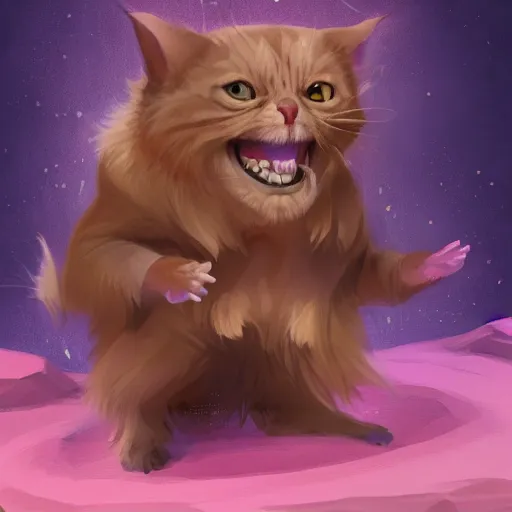 Image similar to wizard is laughing as a small cat, dynamic pose, chromatic aberration , medium level shot, comedy, fantasy, illustration, concept art,