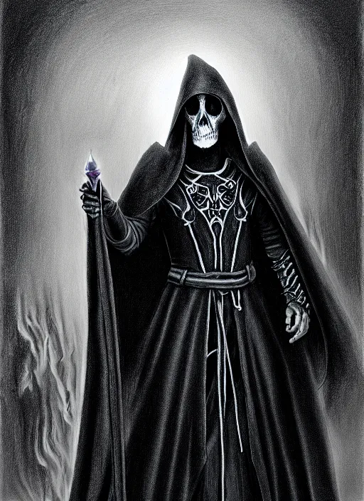 Prompt: pencil ultradetailed painting of the necromancer, wearing a black cloak, crisp