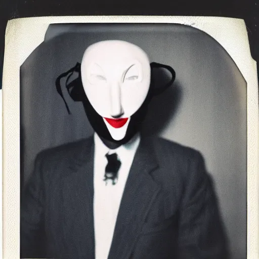 Prompt: a Polaroid photo of a man in a suit wearing a Venetian Pierrot mask