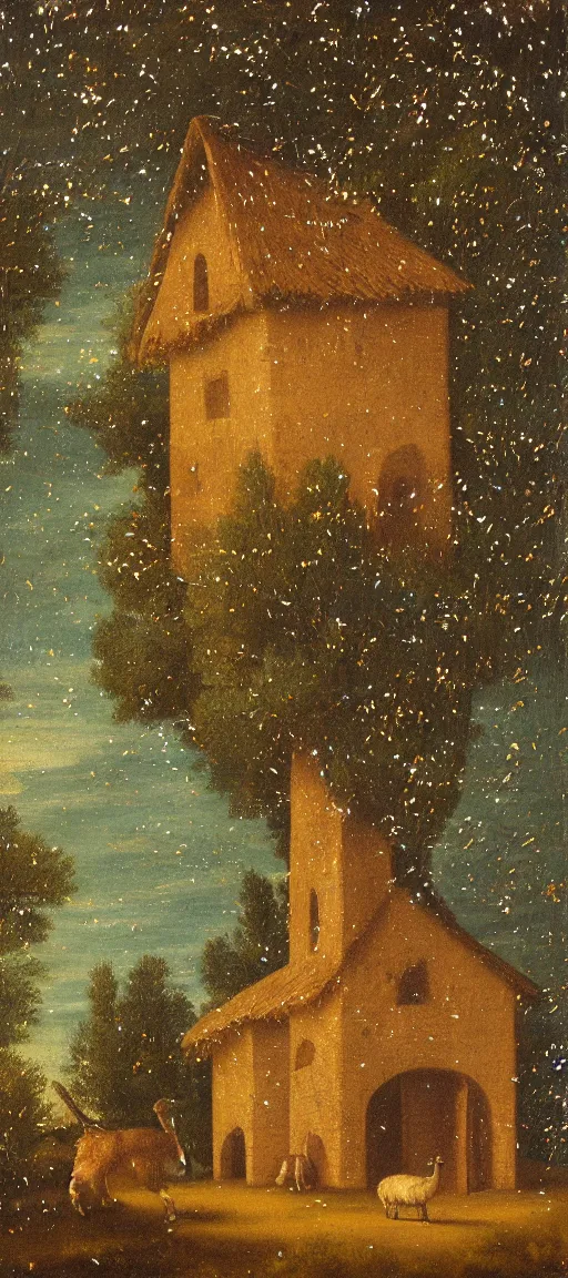 Prompt: detailed renaissance oil painting of an alpaca shaped building standing in the forest of pastel feathers lit by small fireflies at night