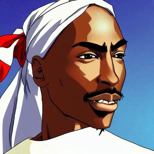 Image similar to Tupac Shakur, screenshot from a 2012s anime