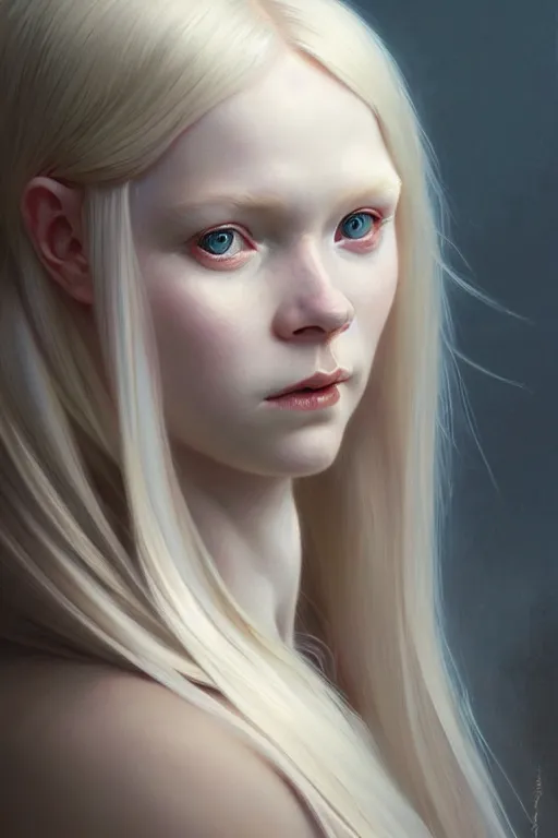 Image similar to Close-up portrait of young albino girl, long blonde hair, dark fantasy, portrait, highly detailed, digital painting, artstation, concept art, sharp focus, illustration, art by artgerm and greg rutkowski and alphonse mucha