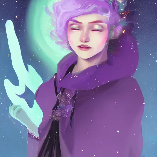 Prompt: a nonbinary changeling wearing a starry cloak, purple vest, white sleeves, aurora colored hair, starry eyes, curious expression, watching people on the street, character art, full body art, Dungeons and Dragons, D&D, trending on artstation, artgerm, 4k ultra hd, sharp focus, digital art by Ilya Kuvshinov and Ross Tran,