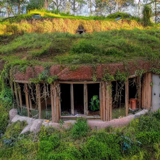 Prompt: beautiful picture of an earthship made of clay and glass, the roof is overgrown with moss and plants, in the background is the sea during sunset