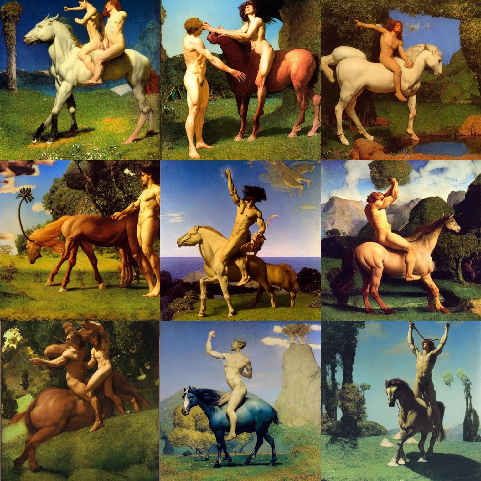 Prompt: artwork by Arnold Böcklin and by Maxfield Parrish showing centaur, greek mythology