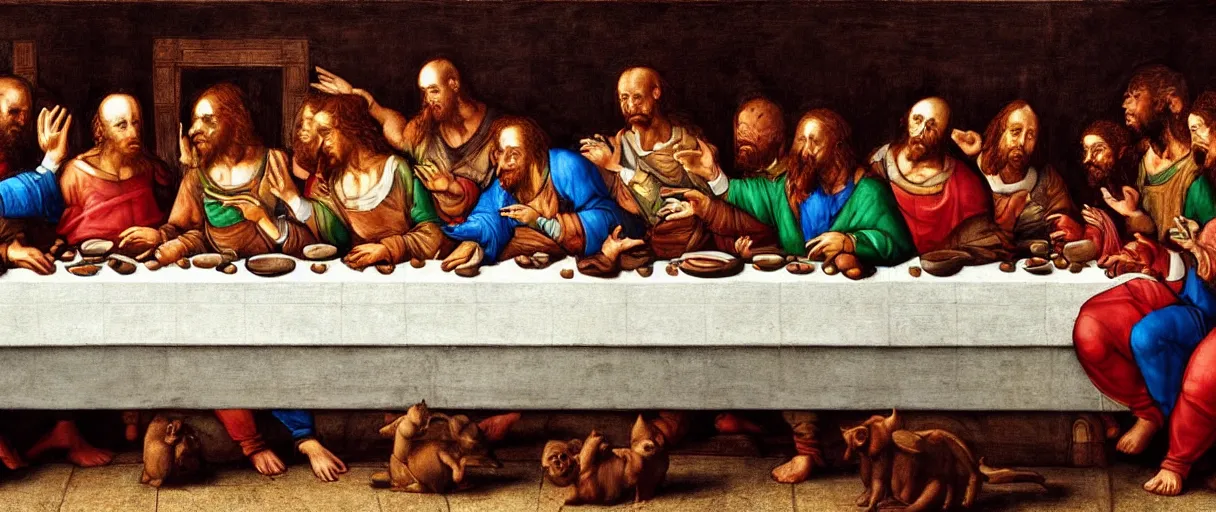 Prompt: the last supper but everyone is an animal. Painting in the style of Leonardo Da Vinci