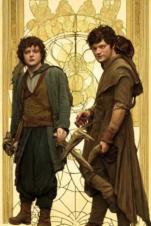 Image similar to a detailed matte portrait of jensen ackles dressed as frodo baggins and misha collins as samwise gamgee, masterpiece, 8 k, art by alphonse mucha and greg rutkowski