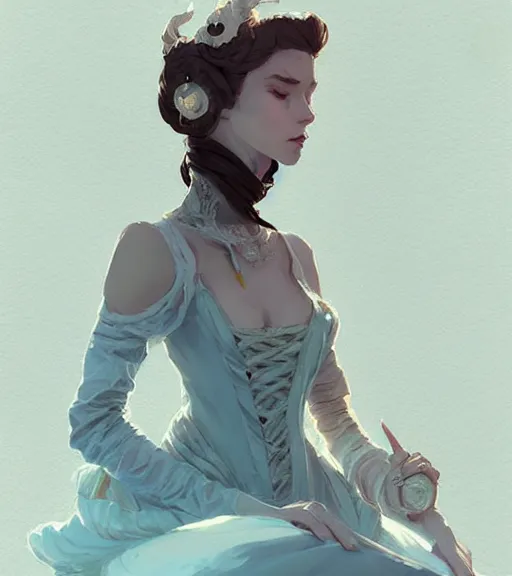 Image similar to portrait of a baroque dress design from fantasy world for dragon queen by atey ghailan, by greg rutkowski, by greg tocchini, by james gilleard, by joe fenton, by kaethe butcher, dynamic lighting, gradient light blue, brown, blonde cream and white color scheme, grunge aesthetic