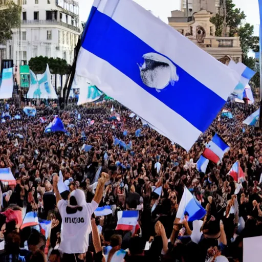 Image similar to Lady Gaga as president, Argentina presidential rally, Argentine flags behind, bokeh, giving a speech, detailed face, Argentina