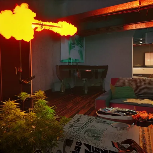 Image similar to cannabis bong water pipe, fire, smoke, octane render, 8 k, ultra hd, unreal engine 5, ray tracing