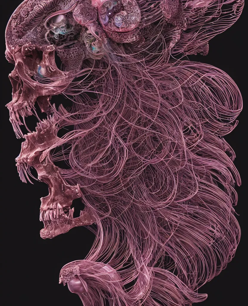 Image similar to fully black background. background hex 000000. goddess princess face close-up portrait ram skull. japanese coloured paper bas relief paper sculpture. jellyfish phoenix head, nautilus, orchid, skull, betta fish, bioluminiscent creatures, intricate artwork by Tooth Wu and wlop and beeple. octane render, trending on artstation, greg rutkowski very coherent symmetrical artwork. cinematic, hyper realism, high detail, octane render, 8k