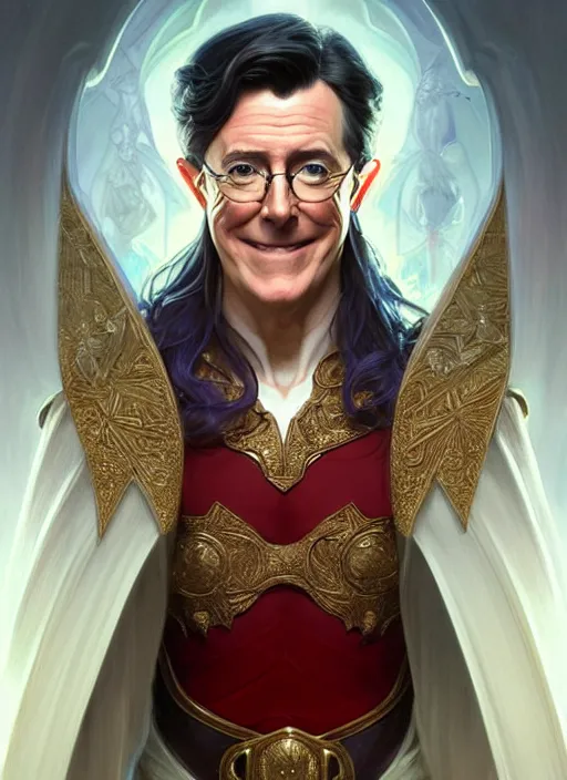 Prompt: portrait of stephen colbert as an elf, long hair, d & d, muscular! fantasy, intricate, robes, elegant, highly detailed, digital painting, artstation, concept art, smooth, sharp focus, illustration, art by artgerm and greg rutkowski and alphonse mucha