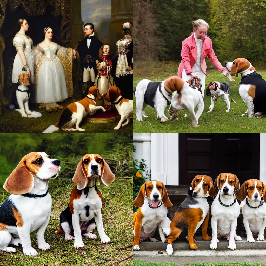 Prompt: a beagle meeting queen victoria. Photography