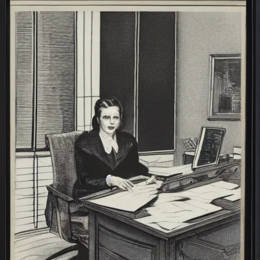 Image similar to a portrait of a secretary sitting behind a desk, 7 0 th burda style,