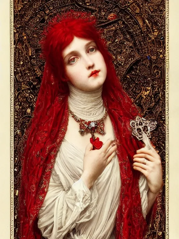 Image similar to a beautiful render of a catholic veiled red queen with symmetry intricate detailed ,heart sculpture,by Lawrence Alma-Tadema,,aaron horkey,Billelis,trending on pinterest,hyperreal,jewelry,gold,intricate,maximalist,glittering,golden ratio,cinematic lighting