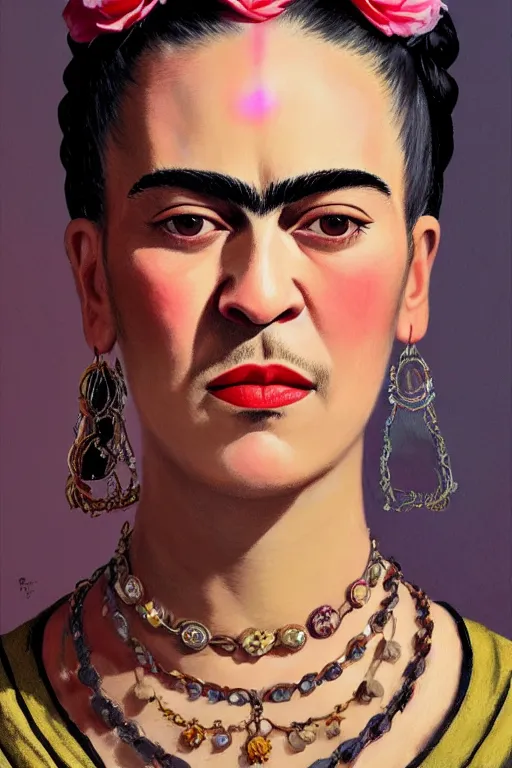 Image similar to portrait of frida kahlo wearing high fashion, staring directly into camera, intricate, elegant, glowing lights, highly detailed, digital painting, artstation, sharp focus, illustration, art by wlop, mars ravelo and greg rutkowski