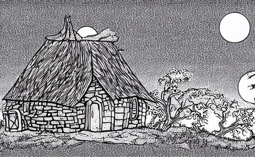 Prompt: a witch's cottage on a lonely hill against a giant moon, color ink, flat, vector