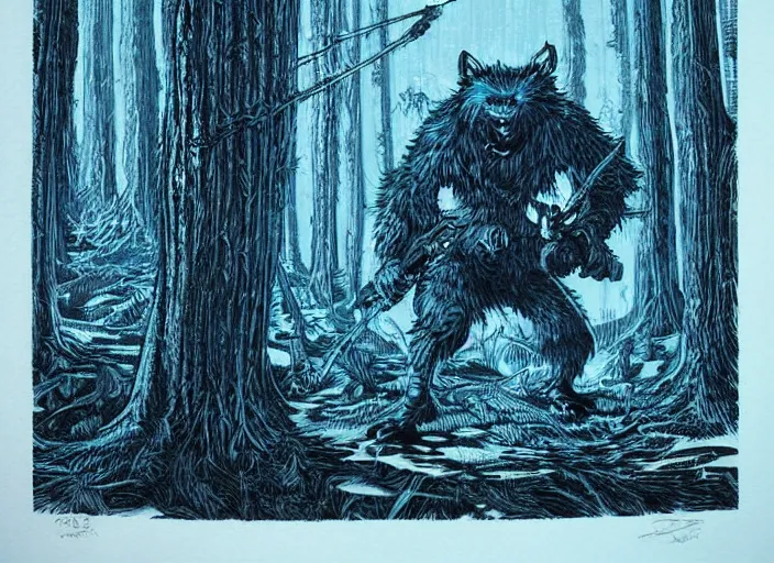 Image similar to blue woodcut print cartoon, bugbear at midnight by greg rutkowski, fine details, highly detailed