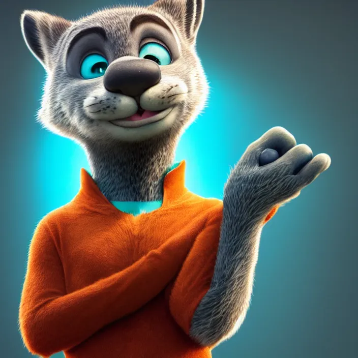 Image similar to portrait of a gray otter with turquoise hair and orange nose in the style of zootopia. volumetric lighting, subsurface scattering, hyperrealistic, octane render, hyperdetailed