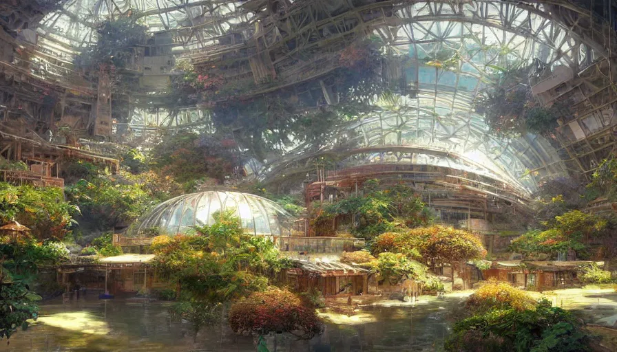 Image similar to craig mullins and ghibli digital illustration of the interior of the largest biodome in the world, colorful, unreal engine, hyper realism, realistic shading, cinematic composition, realistic render, octane render, detailed textures, photorealistic, wide shot,