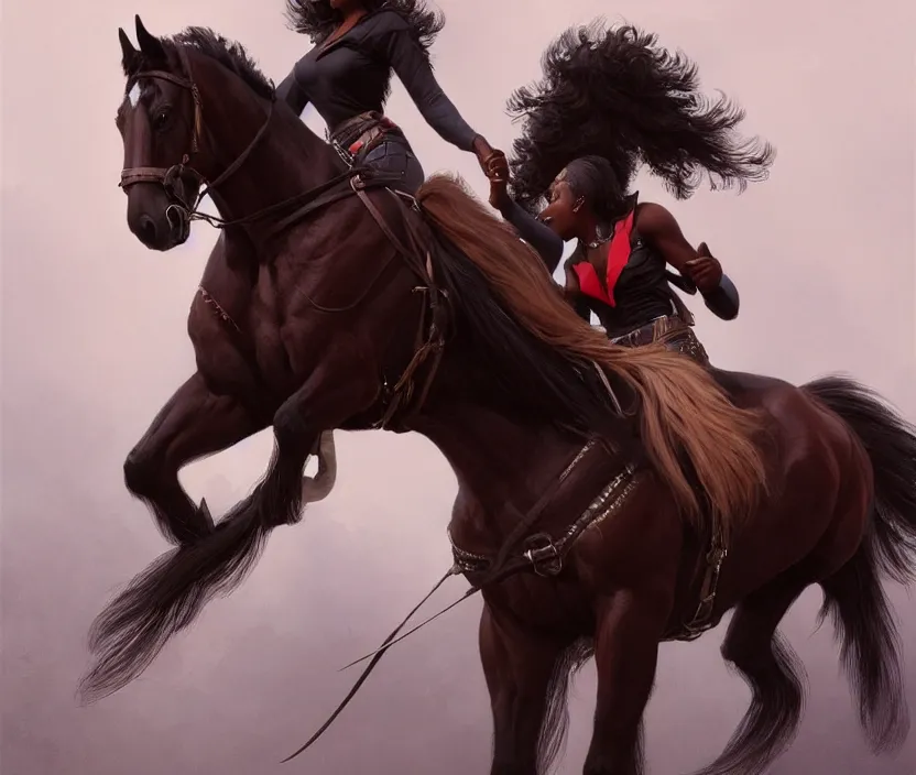 Image similar to full body portrait of beautiful black woman on horseback, beautiful clydesdale, highly detailed, digital painting, artstation, concept art, smooth, sharp focus, illustration, face by wlop, illustrated by mars ravelo and greg rutkowski