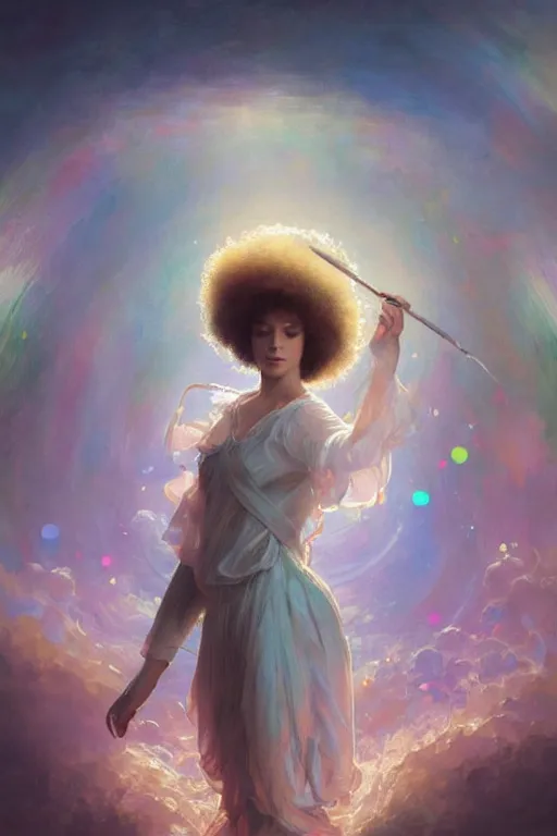 Image similar to bob ross, dreamy and ethereal,, fantasy, intricate, elegant, rainbow bubbles, highly detailed, digital painting, artstation, concept art, smooth, sharp focus, illustration, art by artgerm and greg rutkowski and alphonse mucha