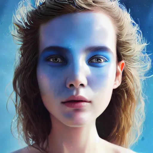 Image similar to 3 d, sci - fi, close - up, morning, smiling fashion model face, sun, cinematic, clouds, sun rays, vogue cover style, poster art, blue mood, realistic painting, intricate oil painting, high detail illustration, figurative art, multiple exposure, poster art, by tooth wu and wlop and beeple and greg rutkowski