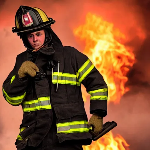 Prompt: tearful firefighter, ultra realistic, smokey