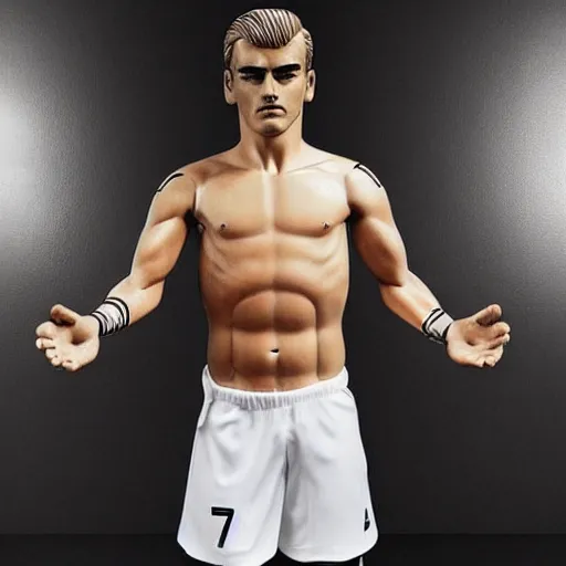 Image similar to a realistic detailed photo of a guy who is an attractive humanoid who is half robot and half humanoid, who is a male android, soccer player antoine griezmann, shiny skin, posing like a statue, blank stare, in a living room, on display, showing off his muscles