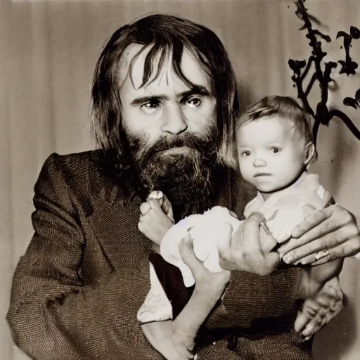 Image similar to charles manson with a baby body riding a flying fish