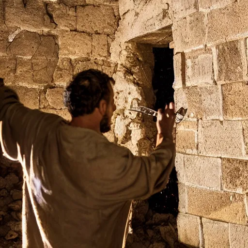 Prompt: award winning cinematic still of nighttime with 40 year old Mediterranean skinned man in Ancient Canaanite clothing fixing a ruined, crumbled wall in Jerusalem, holding a sword, dramatic lighting, nighttime, strong shadows, bold color contrast, action movie stills