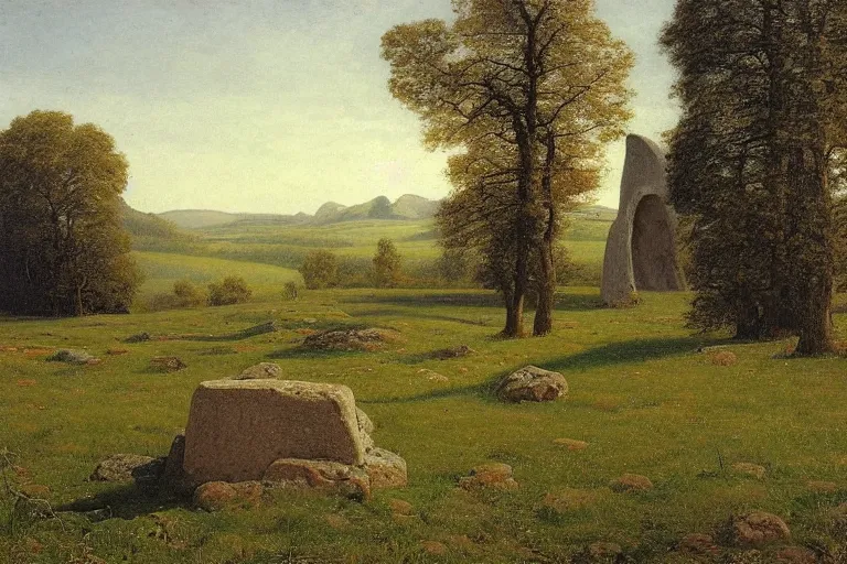 Prompt: runestone on a field with trees in the distance, runic inscription, ancient writing, megalithic, monument, nature, hills, focused, centered, very detailed, norse, history, oil painting, Albert Bierstadt, Theodor Kittelsen, Hermann Hendrich