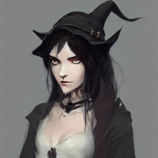 Image similar to female human vampire witch in the style of greg rutkowski, makoto shinkai, trending on artstation, character design, concept art, pretty face, highly detailed, long black hair, portrait, digital art