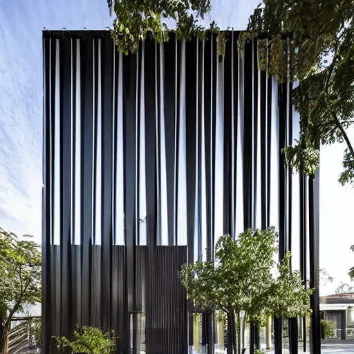 Image similar to fuild architecture, metal facade with horizontal pattern, design by mad architect