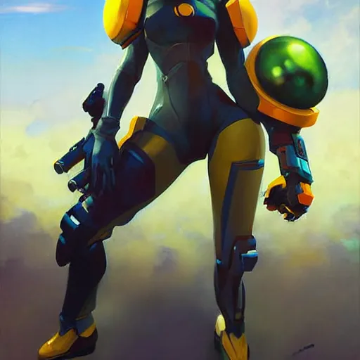 Image similar to Greg Manchess portrait painting o Samus Aran as Overwatch character, medium shot, asymmetrical, profile picture, Organic Painting, sunny day, Matte Painting, bold shapes, hard edges, street art, trending on artstation, by Huang Guangjian and Gil Elvgren and Sachin Teng