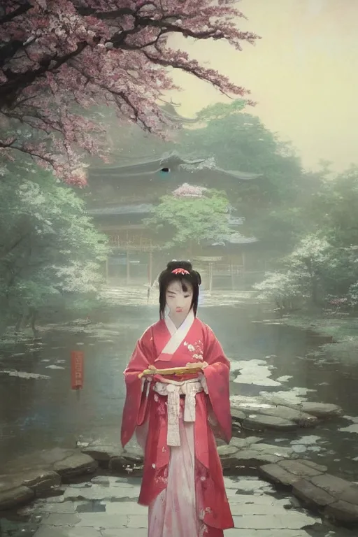 Prompt: a beautiful picture of sakura blooming, shrine, girl in hanfu, by greg rutkowski and thomas kinkade, trending on artstation