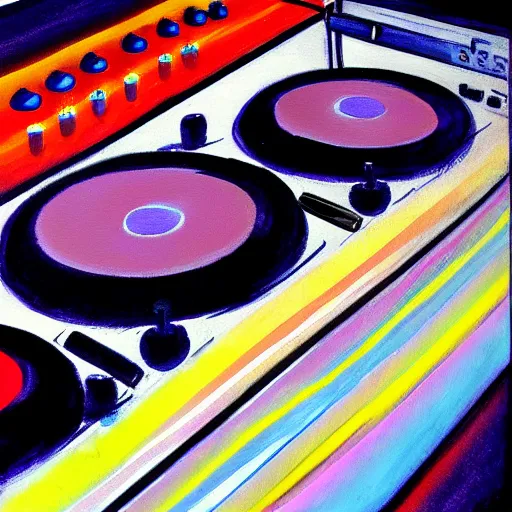 Image similar to painting of a dj mixing, trending on art station, deco art