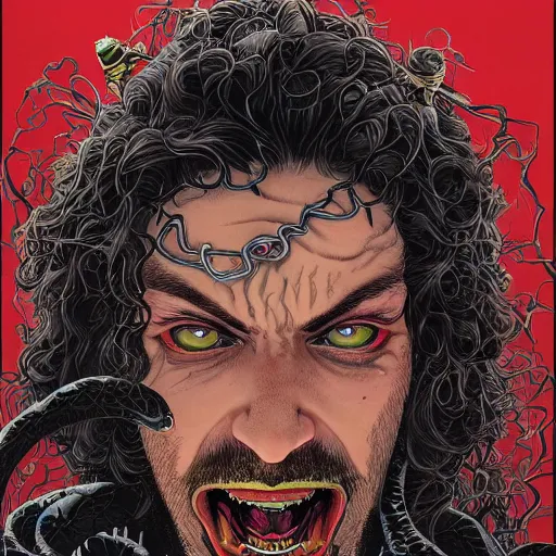 Prompt: portrait closeup of crazy post malone as vampire and snakes around, symmetrical, by yoichi hatakenaka, masamune shirow, josan gonzales and dan mumford, ayami kojima, takato yamamoto, barclay shaw, karol bak, yukito kishiro