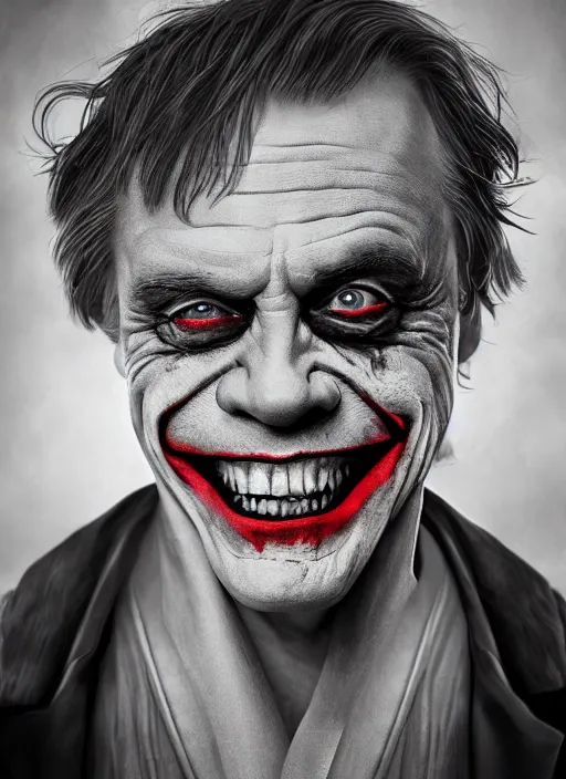 Prompt: photo of Mark Hamill as the Joker by Lee Jeffries, horror, big smile, detailed, award winning, Sony a7R, trending on artstation