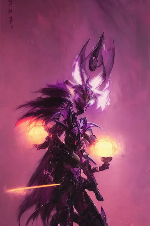 Prompt: woman with a long black ponytail in purple sci - fi armor, wearing a kitsune mask, shoulder pad is a glowing oni mask, striking pose, portrait dnd, painting by gaston bussiere, craig mullins, greg rutkowski, yoji shinkawa